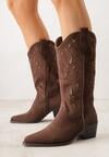 Brązowe Botki Kowbojki na Stożku z Imitacji Zamszu z Ażurowymi Wstawkami  Crela