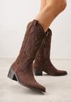 Brązowe Botki Kowbojki na Stożku z Imitacji Zamszu z Ażurowymi Wstawkami  Crela