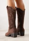 Brązowe Botki Kowbojki na Stożku z Imitacji Zamszu z Ażurowymi Wstawkami  Crela