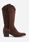 Brązowe Botki Kowbojki na Stożku z Imitacji Zamszu z Ażurowymi Wstawkami  Crela