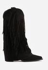 Czarne Botki Typu Kowbojki na Obcasie z Wywiniętą Cholewką i Frędzlami Uemiris