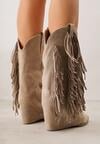 Ciemnobeżowe Botki Typu Kowbojki na Obcasie z Wywiniętą Cholewką i Frędzlami Uemiris