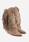Ciemnobeżowe Botki Typu Kowbojki na Obcasie z Wywiniętą Cholewką i Frędzlami Uemiris