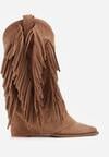Brązowe Botki Typu Kowbojki na Obcasie z Wywiniętą Cholewką i Frędzlami Uemiris