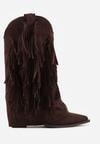 Brązowe Botki Typu Kowbojki na Obcasie z Wywiniętą Cholewką i Frędzlami Uemiris