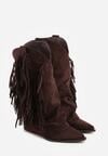 Brązowe Botki Typu Kowbojki na Obcasie z Wywiniętą Cholewką i Frędzlami Uemiris