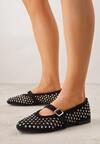 Czarne Ażurowe Balerinki z Paskiem z Klamerką i Cyrkoniami Feanoene