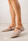 Jasnobeżowe Ażurowe Balerinki z Imitacji Plecionki z Paskiem Naeraea
