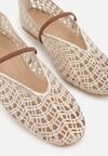 Jasnobeżowe Ażurowe Balerinki z Imitacji Plecionki z Paskiem Naeraea