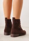 Brązowe Sznurowane Botki z Ażurową Cholewką Zeliana