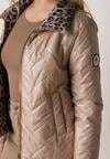 Ciemnobeżowa Dwustronna Kurtka Pikowana Ozdobiona Naszywką i Panterką Nemopis
