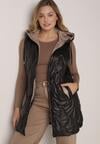 Czarna Pikowana Kamizelka o Długim Kroju z Nieodpinanym Kapturem w Romby Dephice