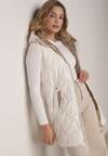 Biała Pikowana Kamizelka o Długim Kroju z Nieodpinanym Kapturem w Romby Dephice