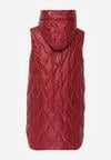 Czerwona Pikowana Kamizelka o Długim Kroju z Nieodpinanym Kapturem w Romby Dephice