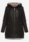 Czarna Pikowana Kurtka Przejściowa Parka z Kapturem o Długim Kroju z Ozdobą Isaline