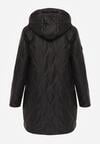 Czarna Pikowana Kurtka Przejściowa Parka z Kapturem o Długim Kroju z Ozdobą Isaline