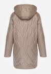 Brązowa Pikowana Kurtka Przejściowa Parka z Kapturem o Długim Kroju z Ozdobą Isaline