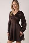 Brązowa Satynowa Sukienka VICES z Bawełny o Kopertowym Kroju Glanita