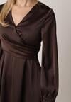 Brązowa Satynowa Sukienka VICES z Bawełny o Kopertowym Kroju Glanita