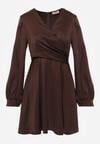 Brązowa Satynowa Sukienka VICES z Bawełny o Kopertowym Kroju Glanita