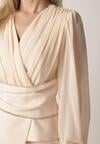 Beżowa Bluzka Kopertowa VICES z Dekoltem V Bufiastymi Rękawkami i Zaakcentowanymi Ramionami Tine