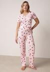 Różowy Komplet Piżamowy z Elastycznego Materiału Spodnie i Bluzka w Serca Veys