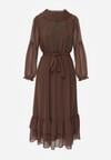 Brązowa Rozkloszowana Sukienka Ozdobiona Falbanami Paskiem i Guzikami Nevissia