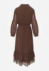 Brązowa Rozkloszowana Sukienka Ozdobiona Falbanami Paskiem i Guzikami Nevissia