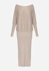Beżowa Dzianinowa Sukienka z Wiskozą o Nietoperzowym Kroju z Dekoltem w Łódkę Tisan