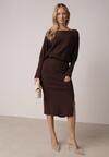 Brązowa Dzianinowa Sukienka z Wiskozą o Nietoperzowym Kroju z Dekoltem w Łódkę Tisan