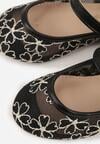 Czarne Siateczkowe Balerinki z Paskiem z Klamerką Zdobione Kwiatowym Haftem Canlea