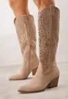 Beżowe Kozaki Kowbojki na Stożku z Ażurową Cholewką Uria