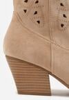 Beżowe Kozaki Kowbojki na Stożku z Ażurową Cholewką Uria