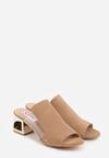 Ciemnobeżowe Klapki na Niskim Słupku ze Skórzaną Wkładką i Transparentnymi Wstawkami Neya