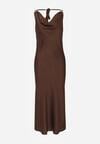 Brązowa Satynowa Sukienka na Ozdobnych Ramiączkach z Dekoltem Woda Avalentara