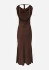 Brązowa Satynowa Sukienka na Ozdobnych Ramiączkach z Dekoltem Woda Avalentara