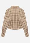 Beżowa Krótka Bawełniana Koszula w Kratę z Marszczeniem Wenatia