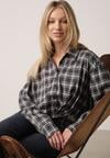 Czarna Krótka Bawełniana Koszula w Kratę z Marszczeniem Wenatia