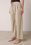Beżowe Szerokie Spodnie z Bawełną Wiskozą Gumką w Pasie i Sznurkiem Iridara