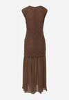Brązowa Sukienka Ażurowa z Usztywnioną Linią Ramion i Przezroczystym Dołem Semiriel