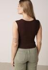 Brązowy Dopasowany Top Bez Rękawów z Wiskozy z Kwadratowym Dekoltem Madu