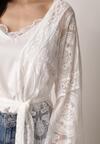 Biały Kardigan Ażurowa Narzutka z Materiałowym Paskiem Arisstea