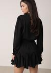 Czarna Rozkloszowana Sukienka z Wiskozą Zdobiona Falbanami i Wiązaniem Lerienatia