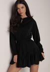 Czarna Rozkloszowana Sukienka z Wiskozą Zdobiona Falbanami i Wiązaniem Lerienatia