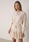 Beżowa Rozkloszowana Sukienka z Wiskozą Zdobiona Falbanami i Wiązaniem Lerienatia