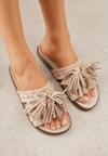 Beżowe Klapki w Stylu Boho Zdobione Frędzlami Stavania
