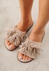 Beżowe Klapki w Stylu Boho Zdobione Frędzlami Stavania