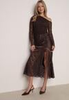 Brązowa Spódnica z Satyny z Koronką i Rozcięciem na Nogę Doritana