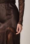 Brązowa Spódnica z Satyny z Koronką i Rozcięciem na Nogę Doritana