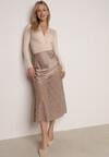 Beżowa Spódnica z Satyny z Koronką i Rozcięciem na Nogę Doritana